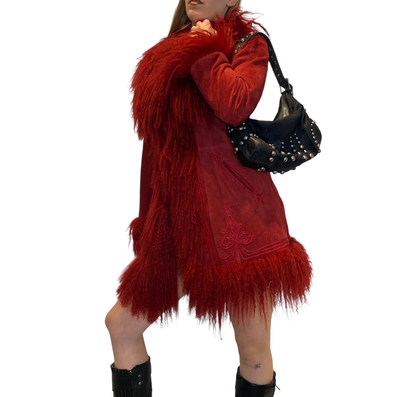Vintage Red Suede Mongolian Fur Penny Lane Coat (S/M)