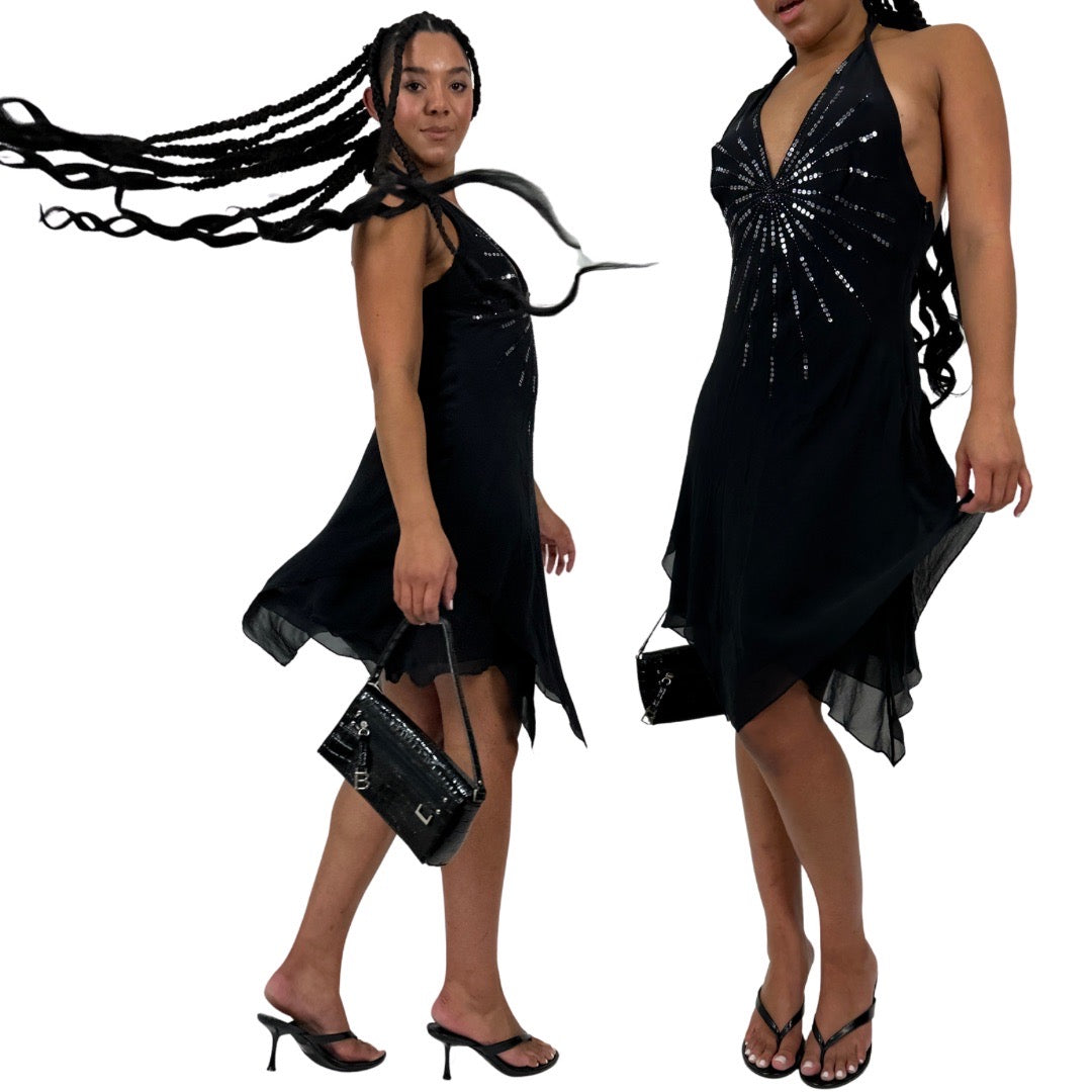 2000s Noir Silk Flutter Midi Dress (M/L)