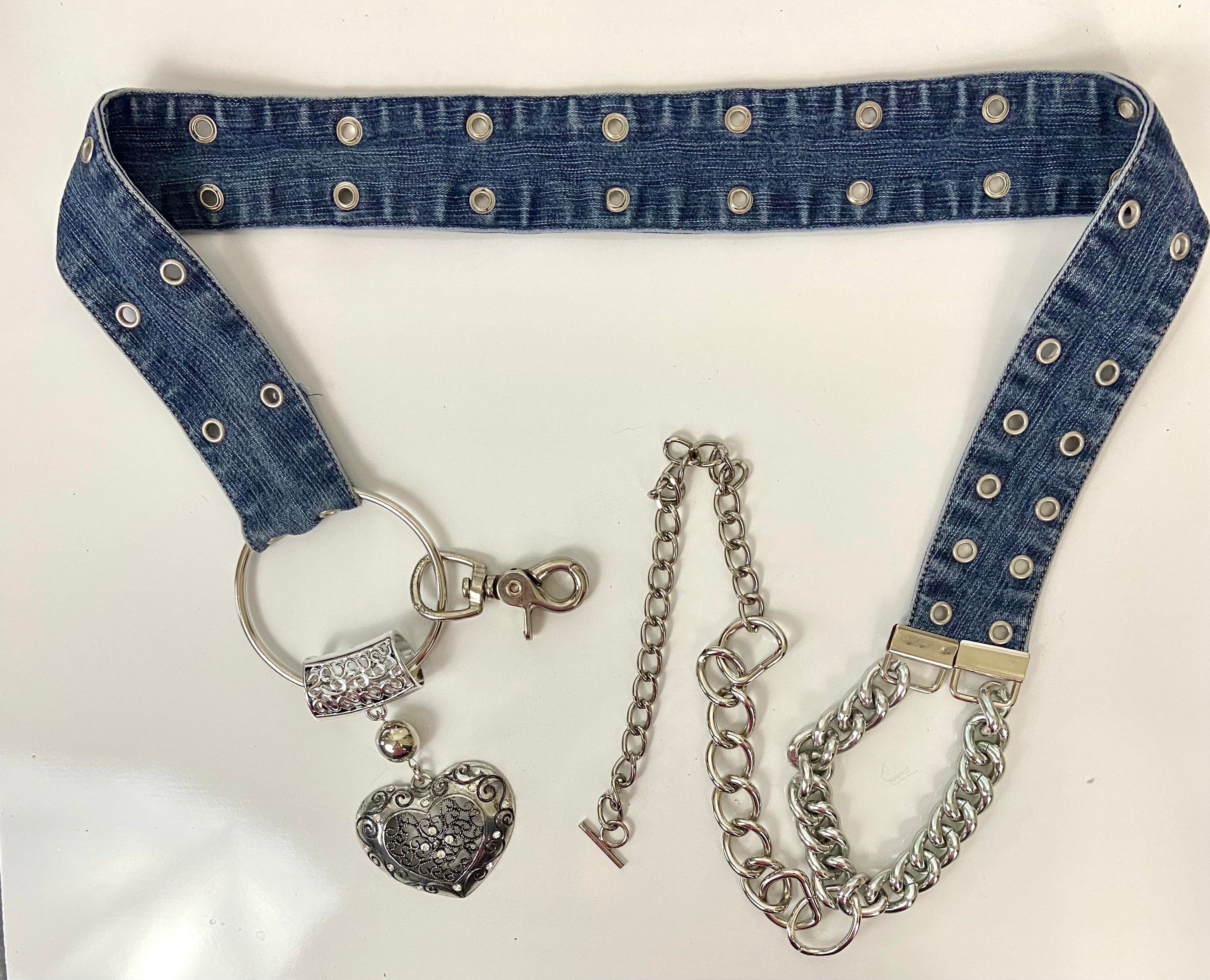 Reworked denim and chain belt
