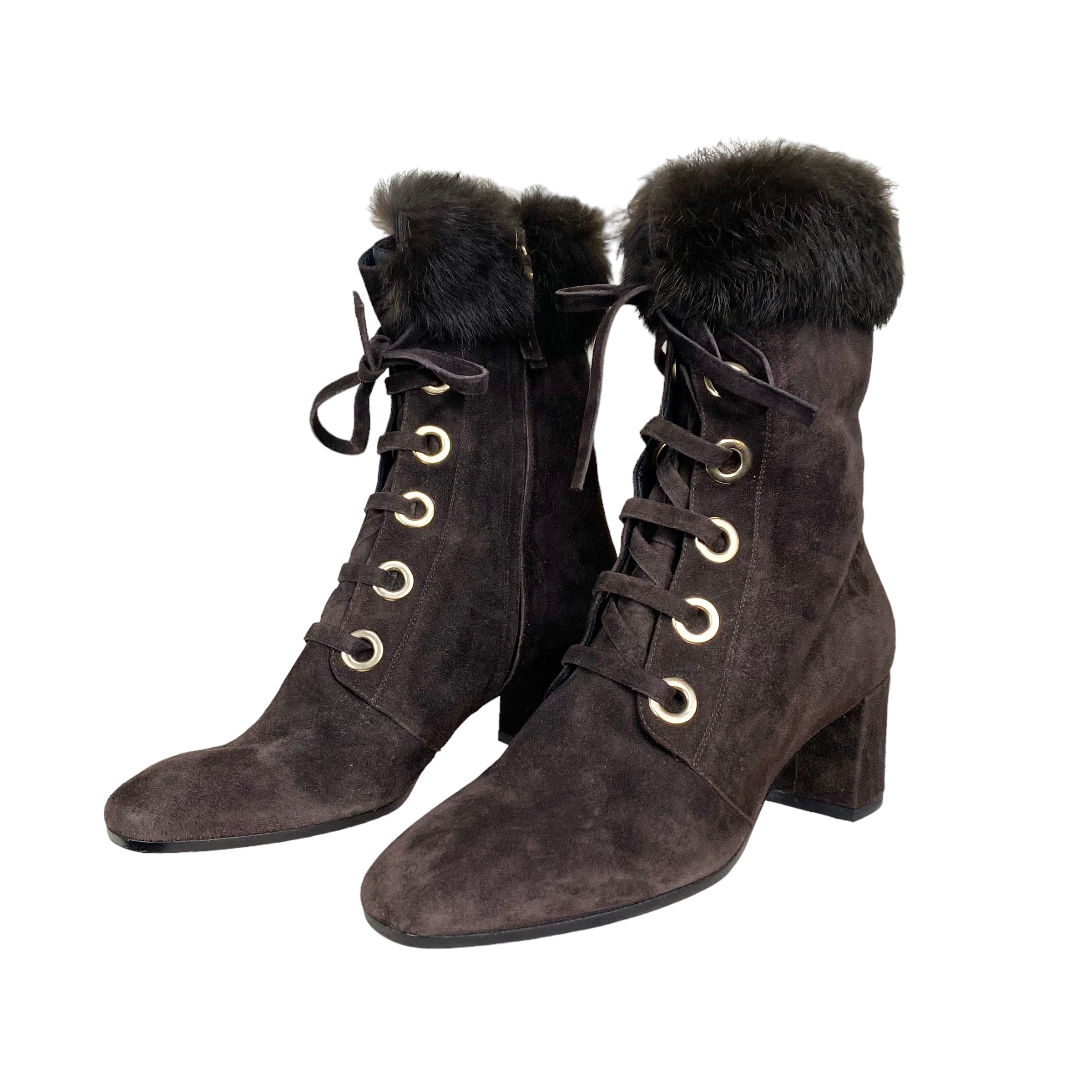 Fur Trim Suede Lace Up Boots (10.5)