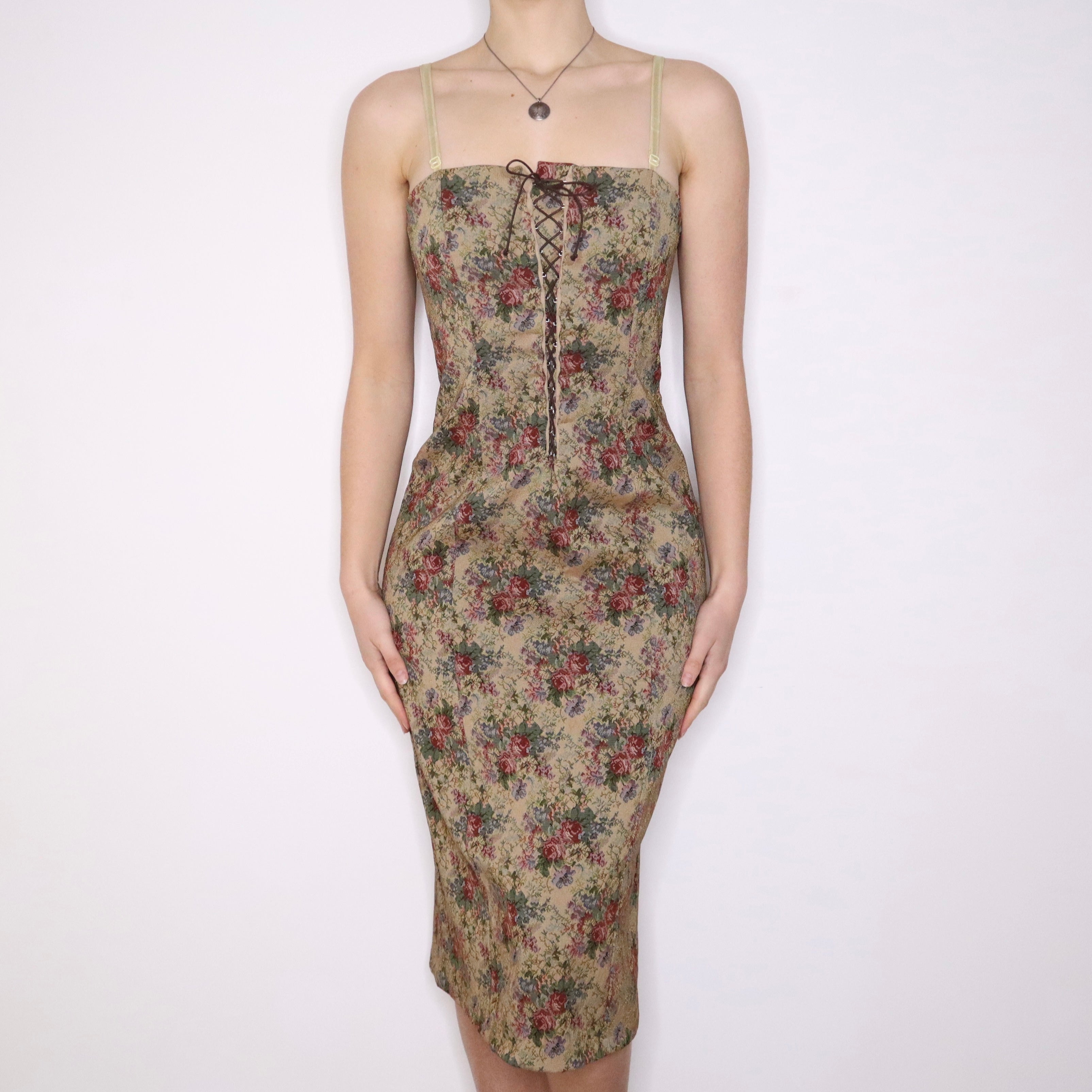 Y2K Italian Floral Tapestry Corset Midi Dress (M)