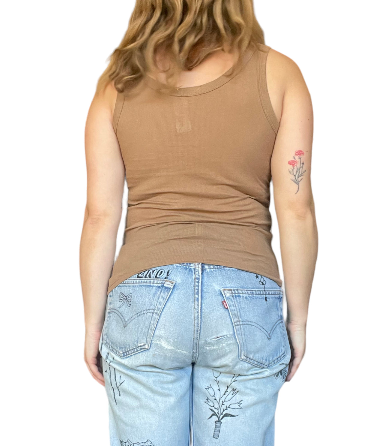 1990s Toffee Color Cotton Cashmere Tank with Black Flower Brooch (M/L)