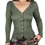 Euro Vintage Moss Green Lace Trim Cardigan (XS/S)