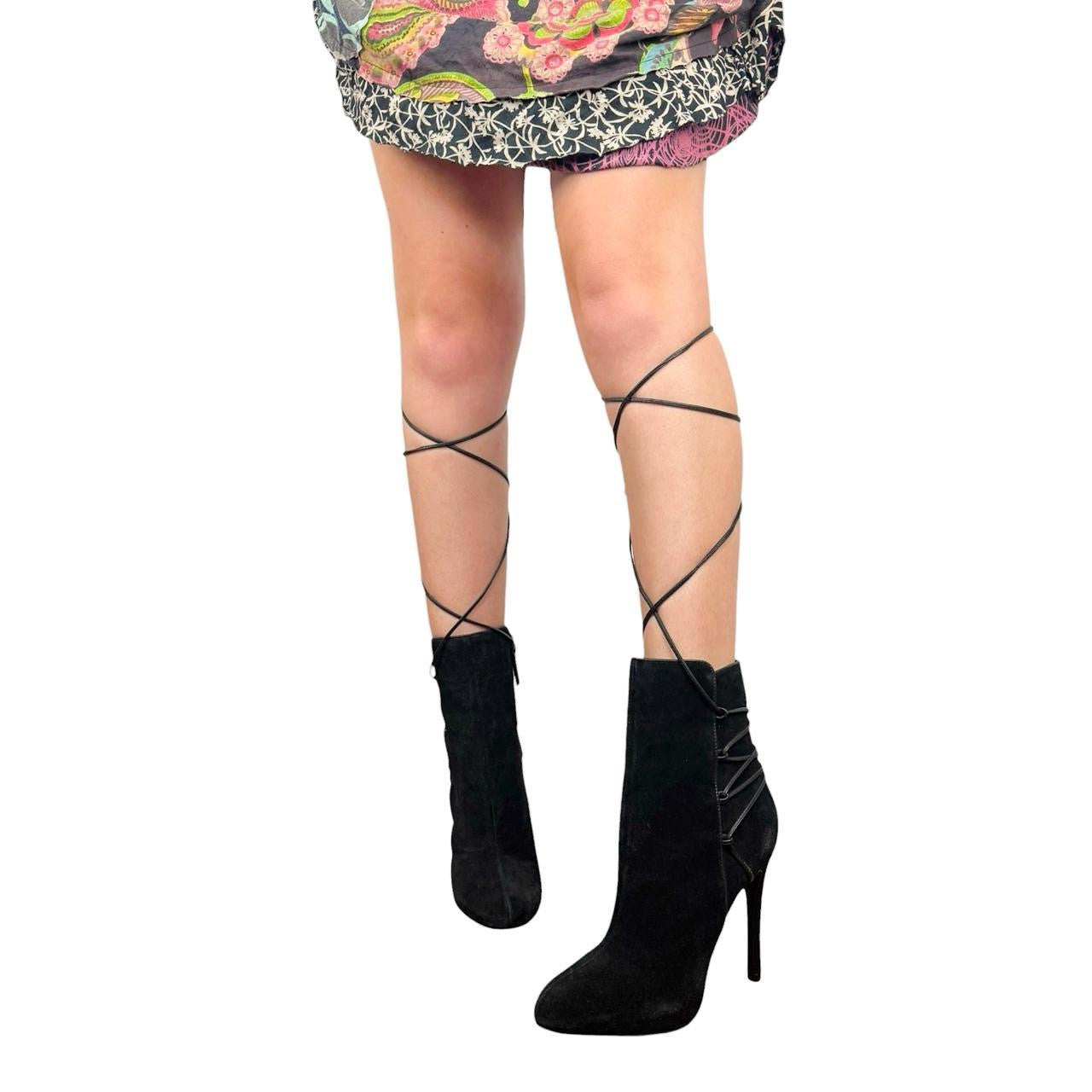 Black Genuine Suede Lace Up Stiletto Boots (6.5)