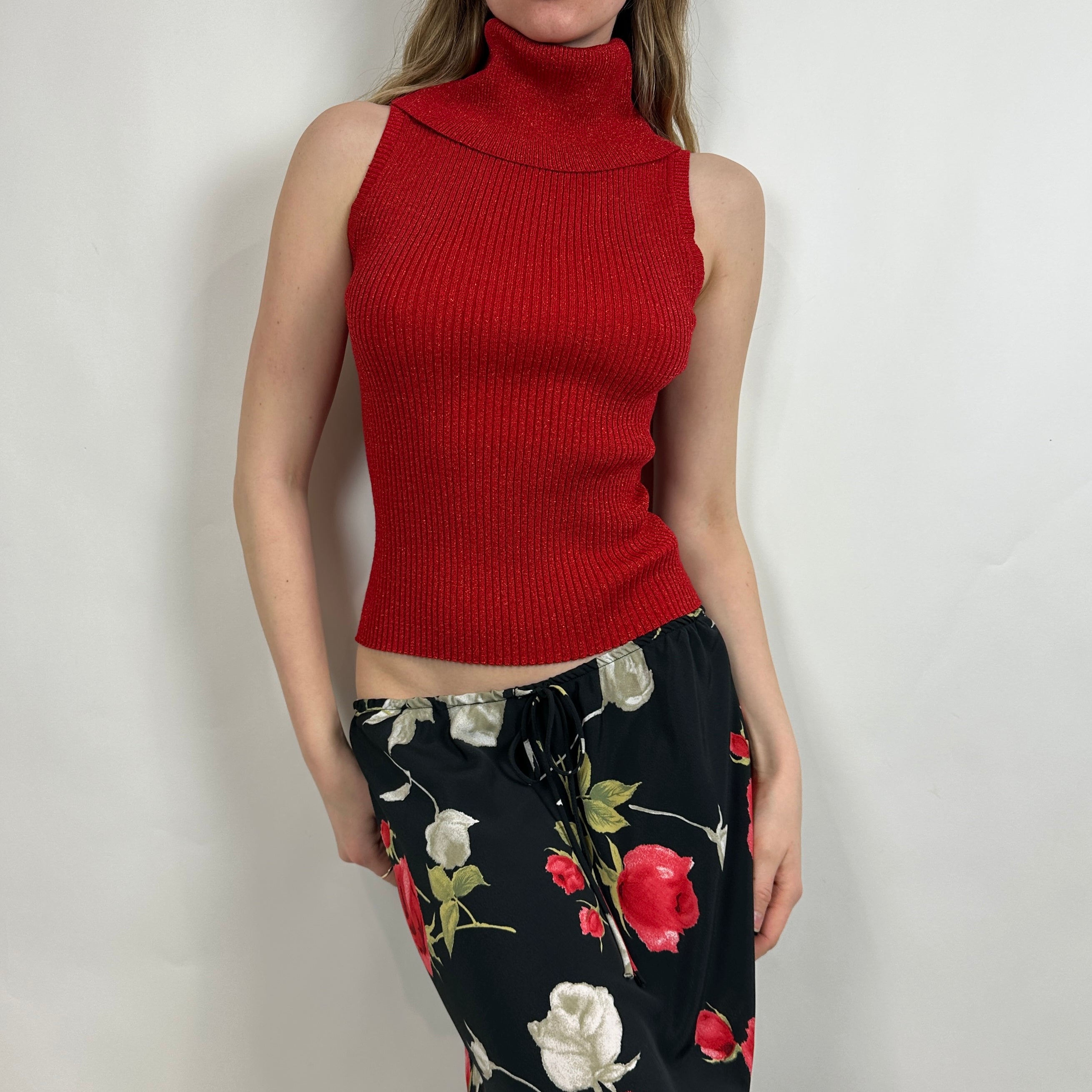 2000s Red Glitter Turtleneck Top (M)