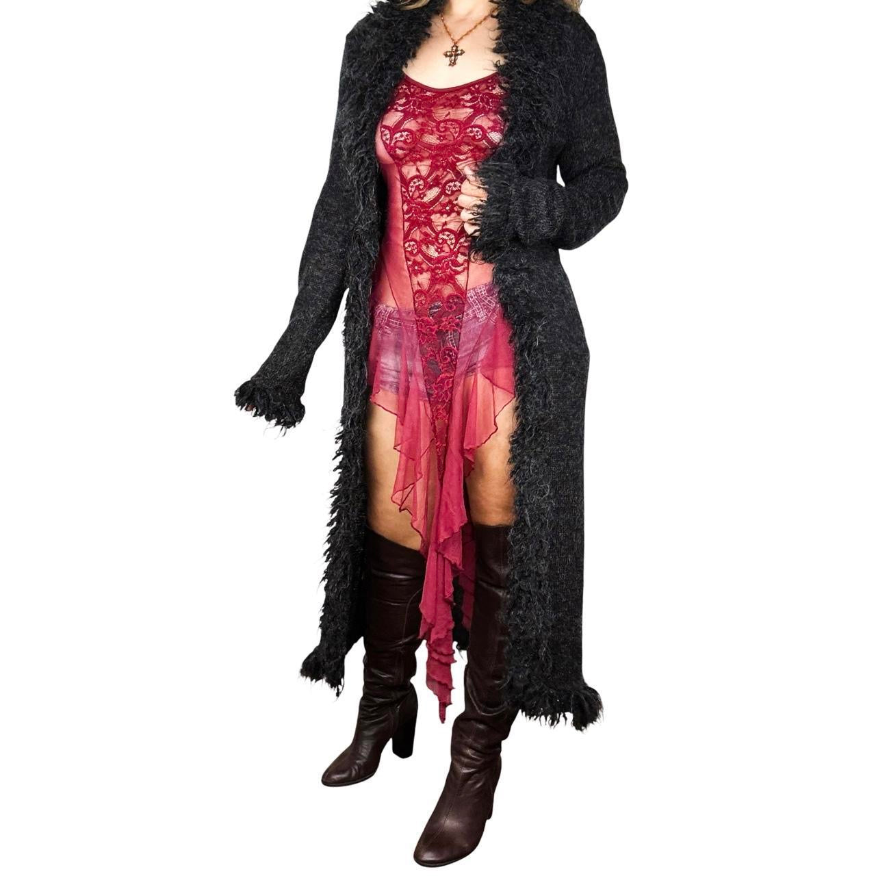 Burgundy Cascading Ruffle Lace & Mesh Slip Dress (S/M)