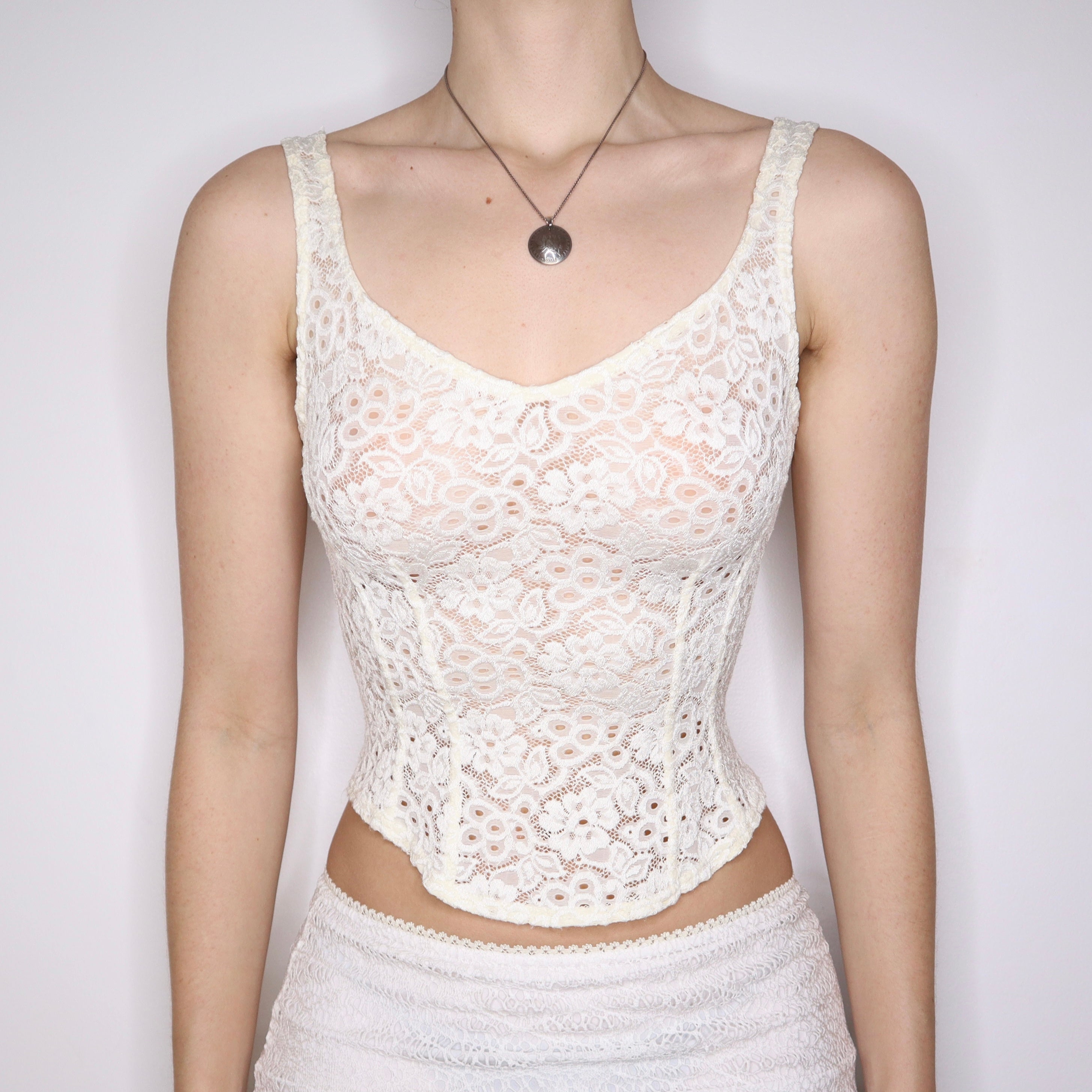 Y2K Cream Lace Tank Top (S)