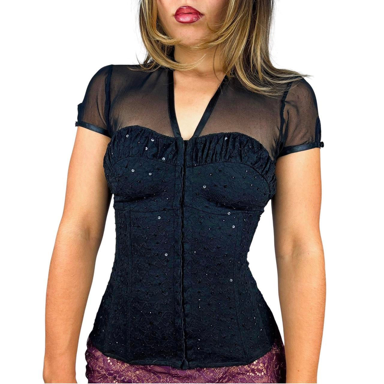 2000s Embellished Lace Corset Blouse (XS)