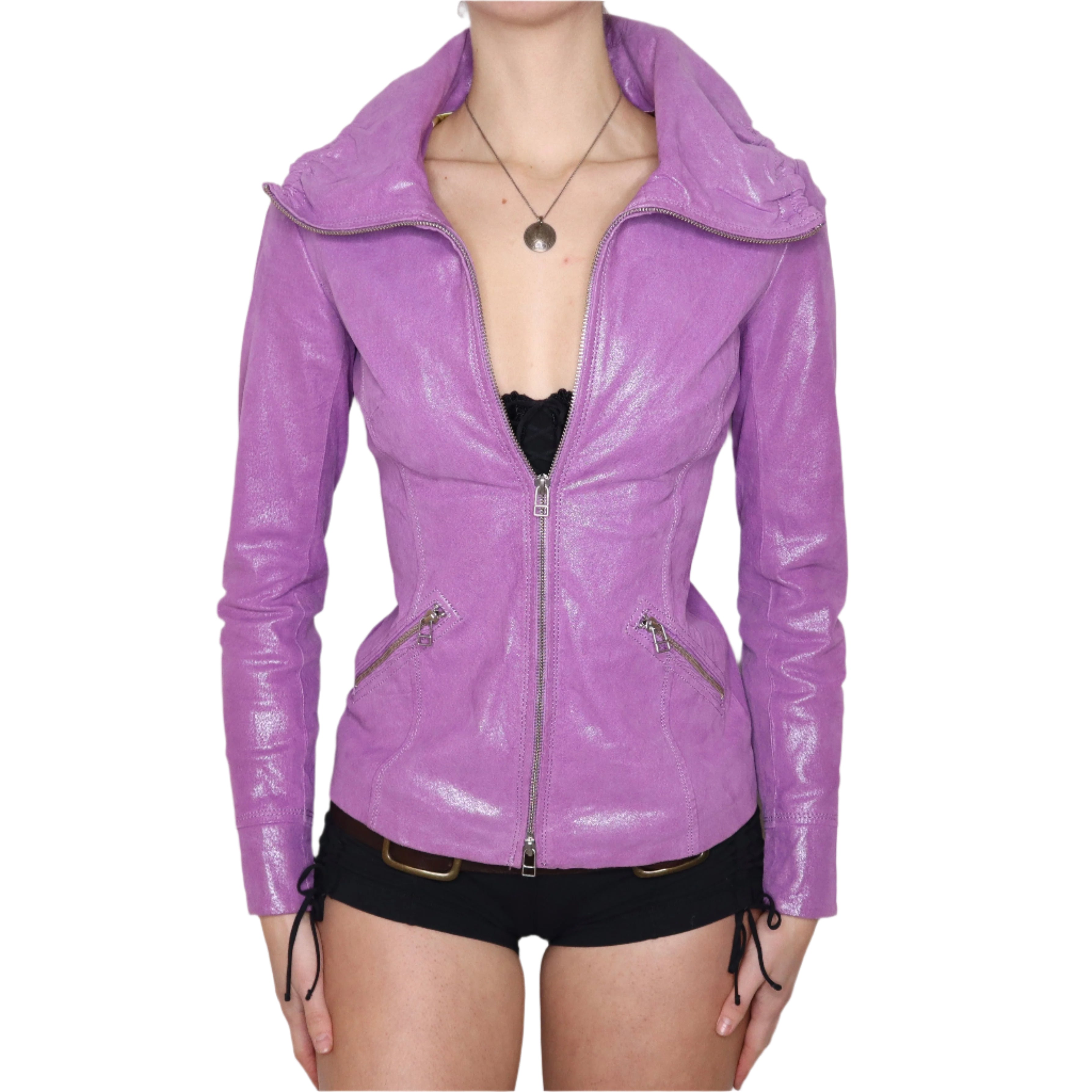 Y2K Sexy Purple Leather Moto Jacket (XS)