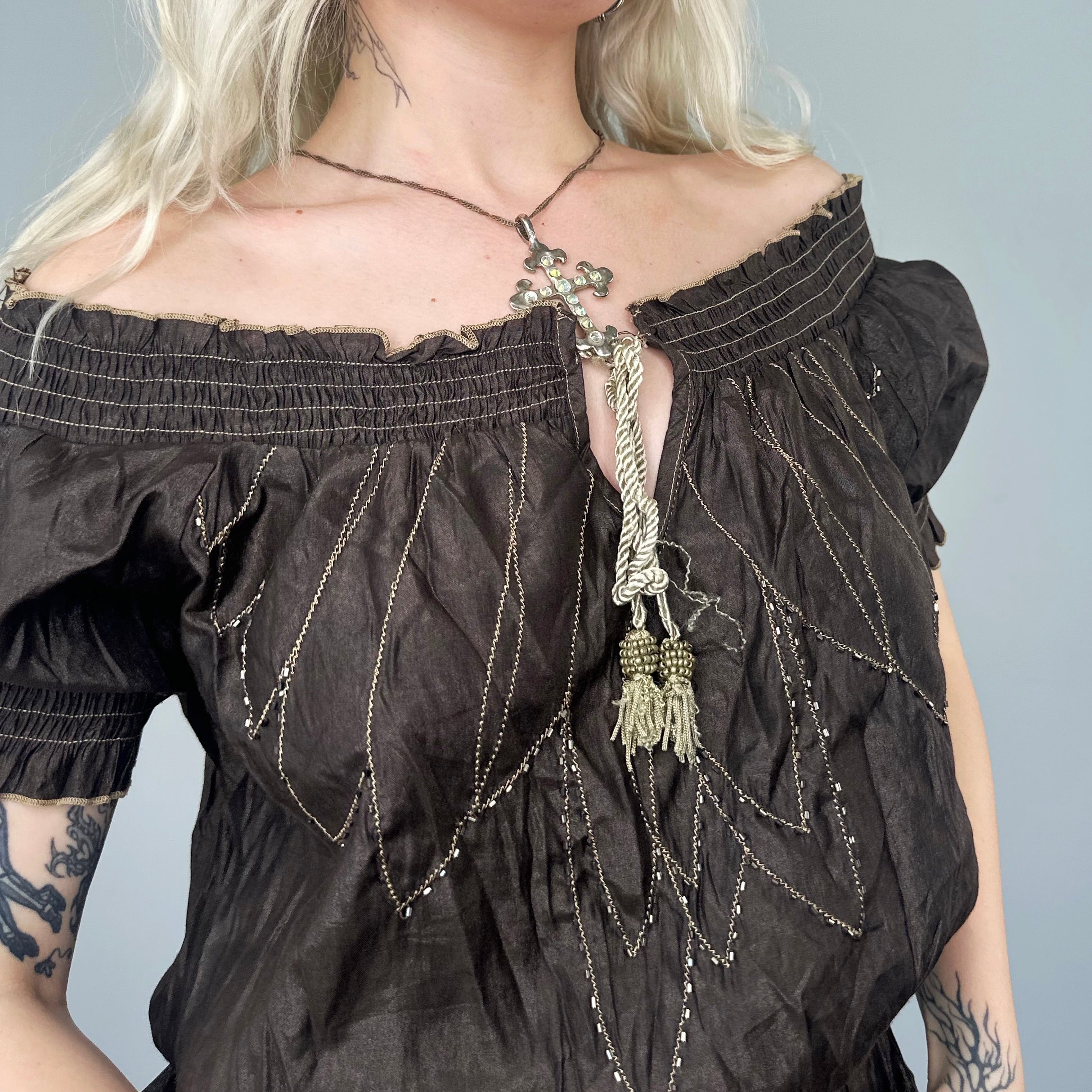 Boho Beaded Peasant Top (L)