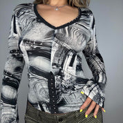 Italian Surrealist Print Eyelet Cutout Long Sleeve (S/M)