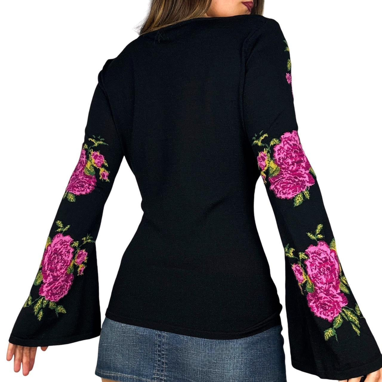 00s Floral Knit Bell Sleeve Blouse (S)