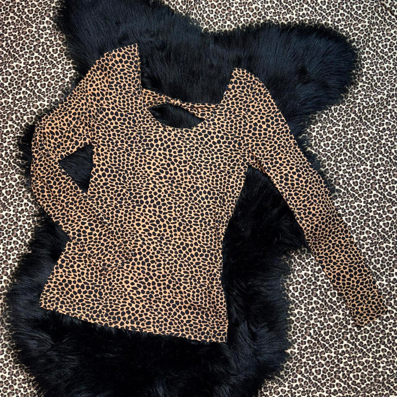 Morgan De Toi Leopard Print Open Back Scoop Neck Long Sleeve Top (XS)