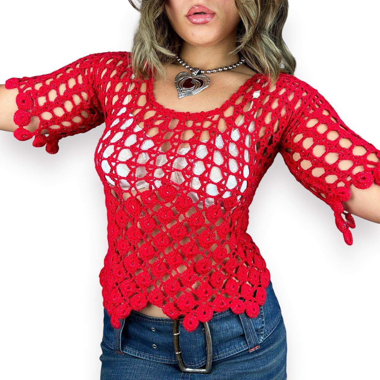 2000s Cherry Red Crochet Top (S/M)