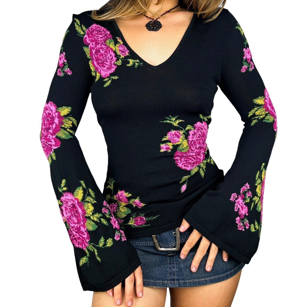 00s Floral Knit Bell Sleeve Blouse (S)