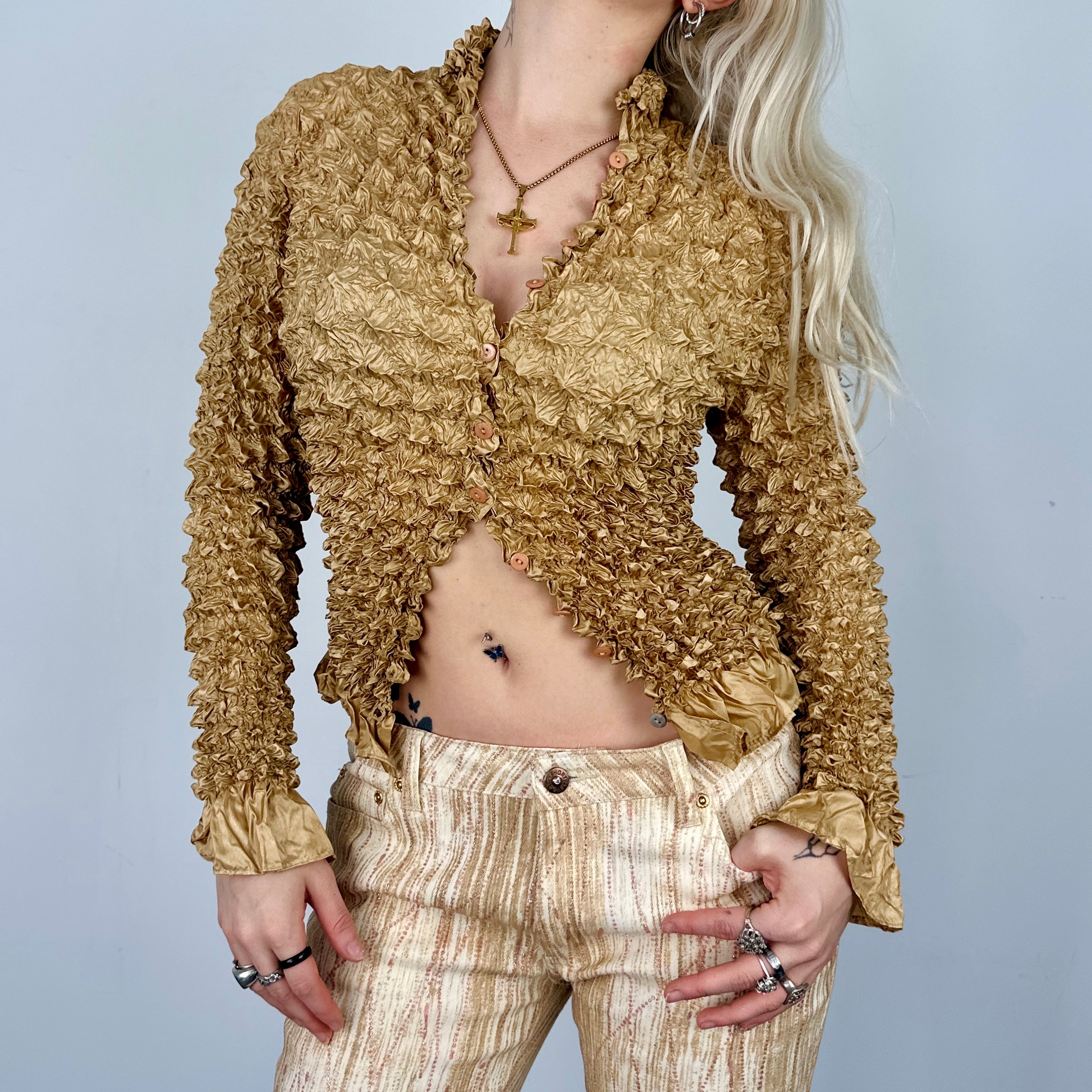 Golden Button Up Popcorn Blouse (One Size)