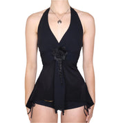 Y2K Black Flower Halter Top (S/M)