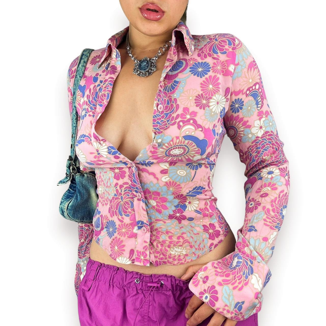 2000s Silk Floral Button Down (XS)