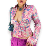 2000s Silk Floral Button Down (XS)