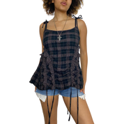 Vintage Plaid Ruffle Ruched Cami Top (M-L)