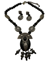 Antique Silver Black Beaded Necklace Set