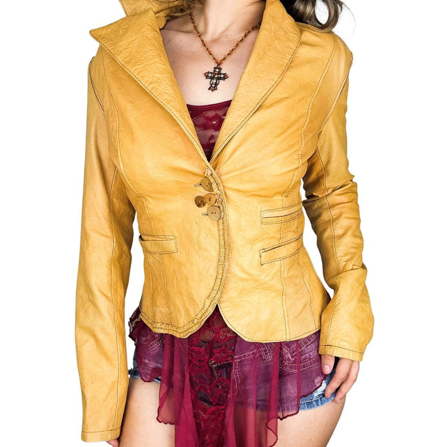 Vintage Mustard Yellow Italian Leather Button Detail Blazer (M)