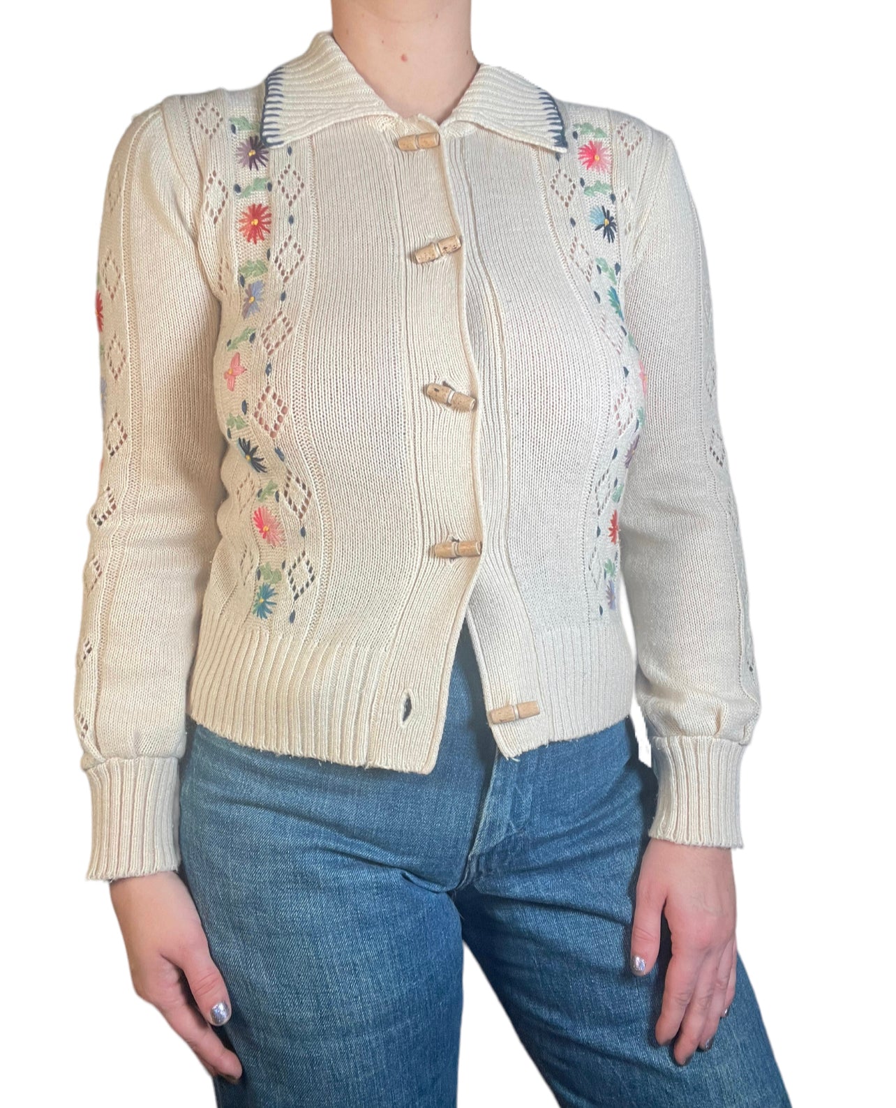 70s Cream Wool Embroidered Sweater (S/M)