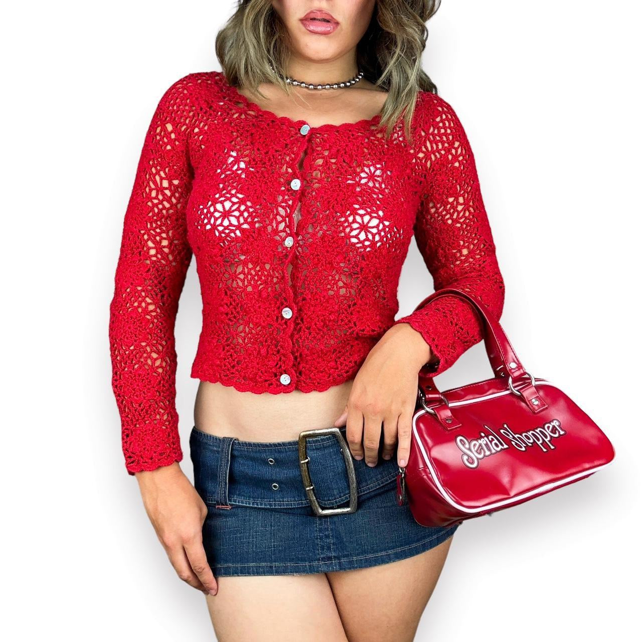 2000s Cherry Red Crochet Cardigan (M)