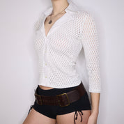 Y2K White Mesh Button Up Blouse (S)