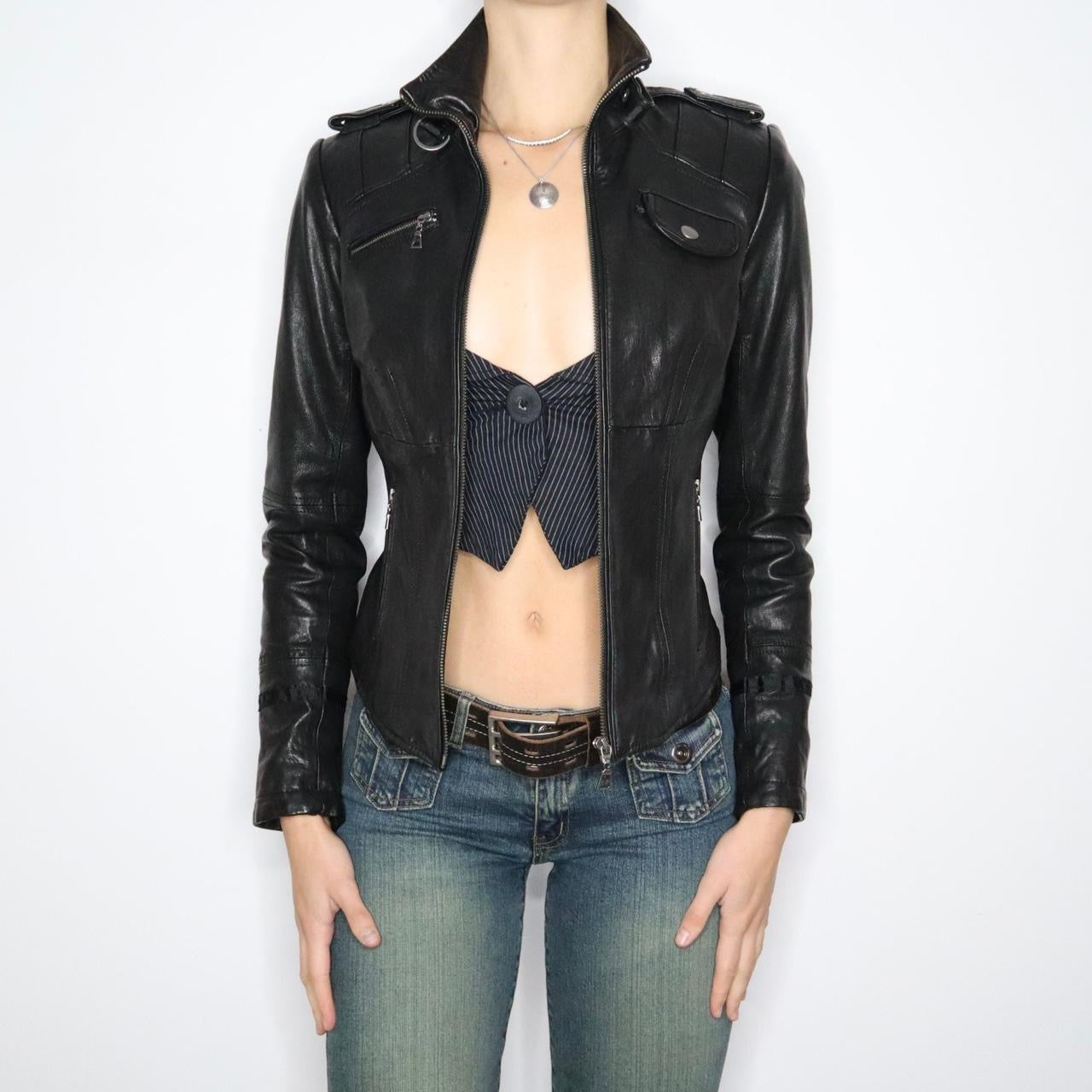 Y2K Sexy Black Leather Moto Jacket (S)