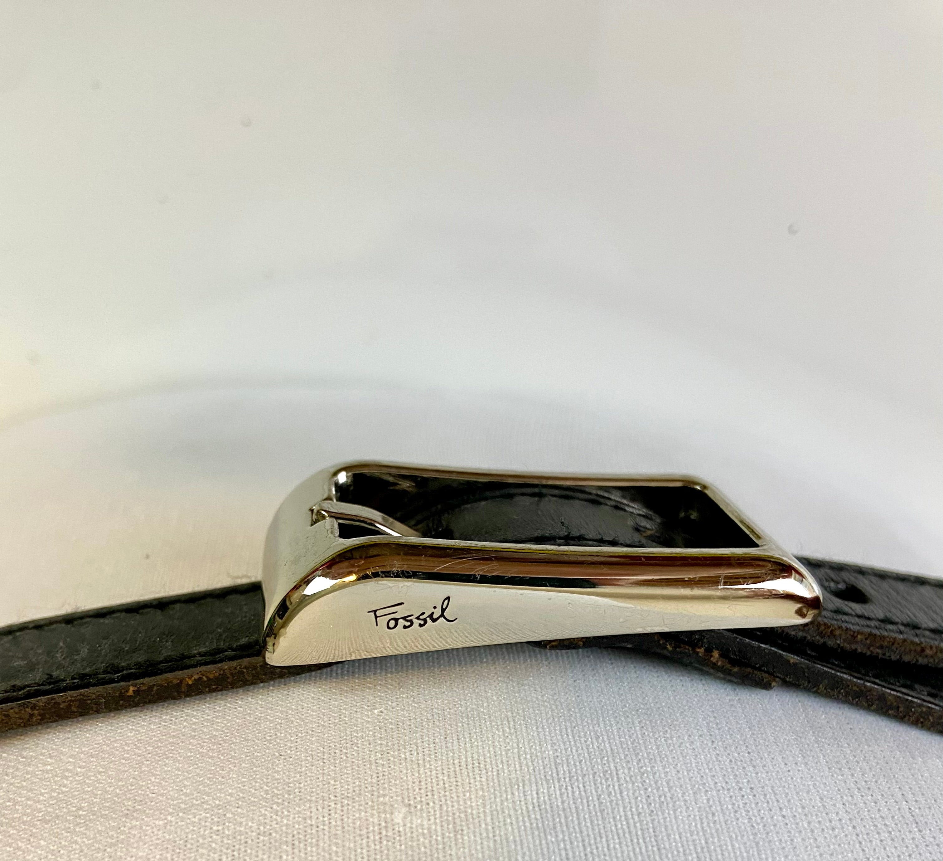 Fossil Black Leather Belt with Silver Tone Metal Buckle & Link Accents