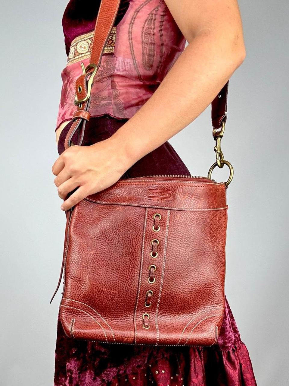 Coach Mahogany Leather Lacing Detail Satchel Bag