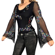 90s Beaded Silk Bell Sleeve Blouse (L)