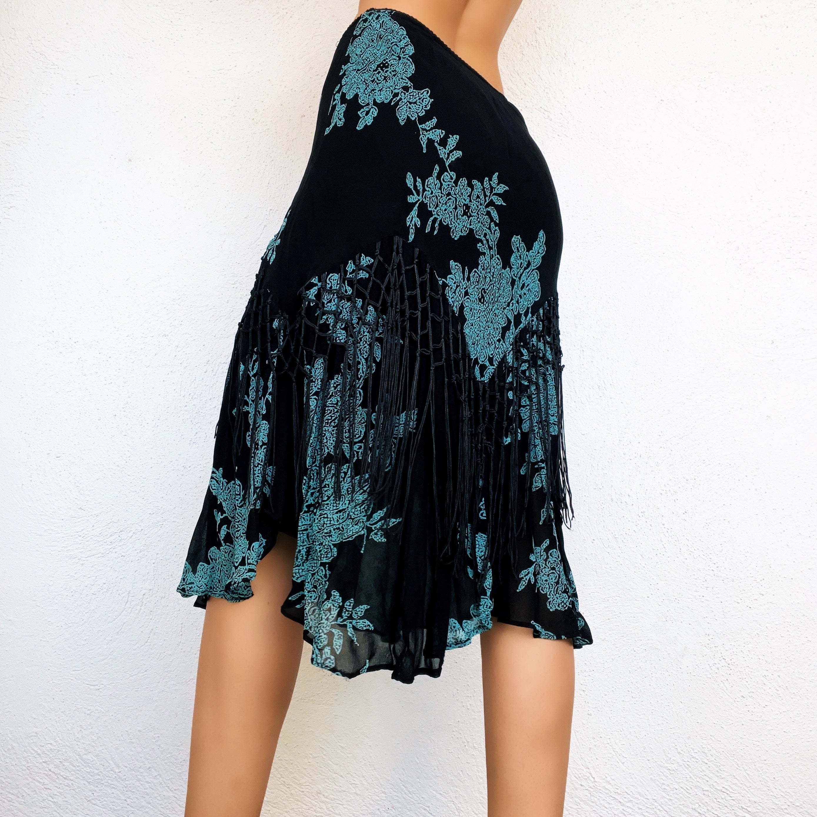 Fringy Black & Teal Midi Skirt - Small