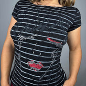 Euro Y2K Rhinestone Portrait Graphic Striped Baby Tee (S/M)