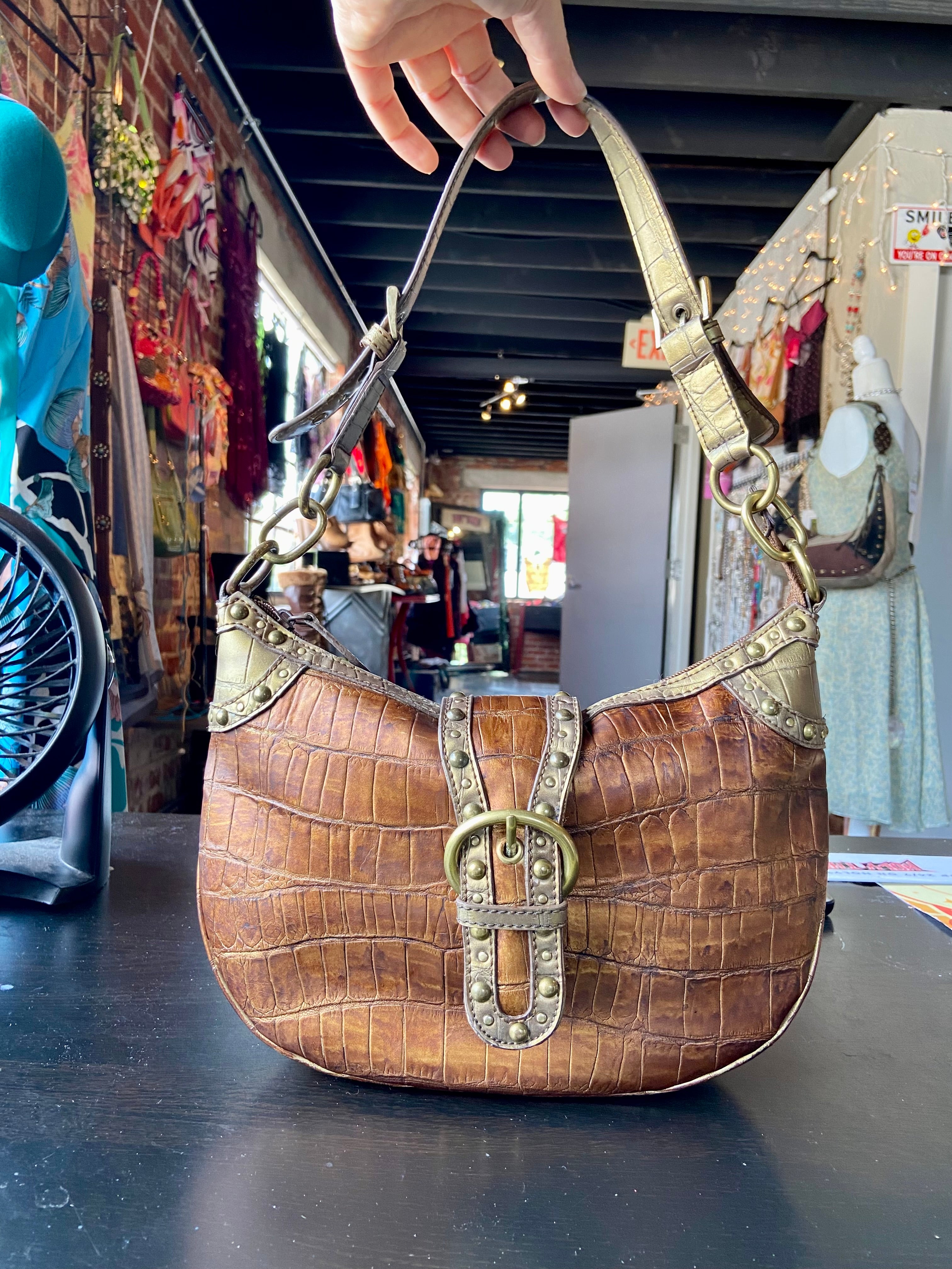 Metallic Nine West leather shoulder bag