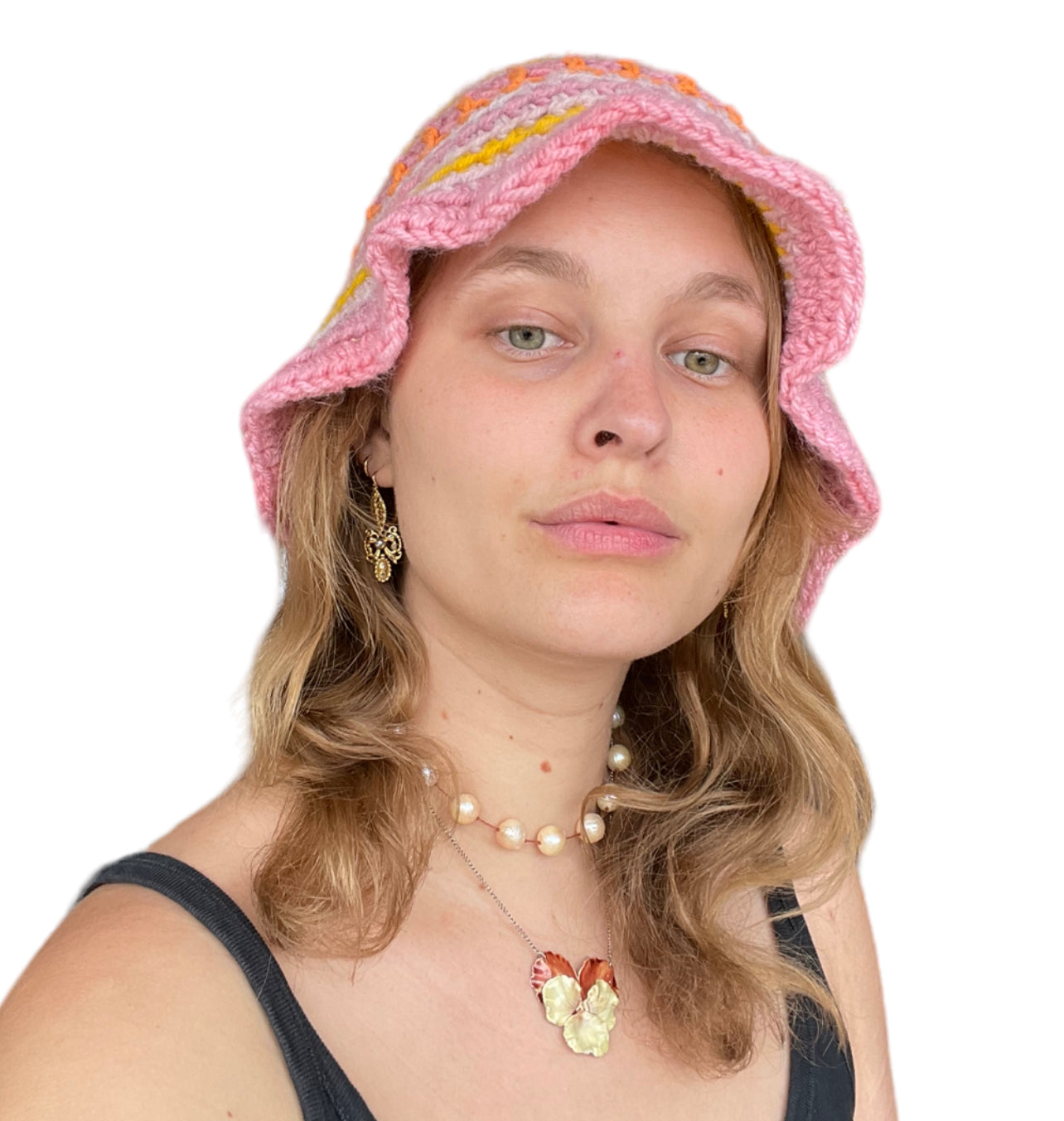 Hand Knit Bucket Hat in Sunset Pink & Orange, Handmade with Love!