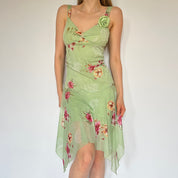2000s Pastel Green Floral Flutter Midi Dress