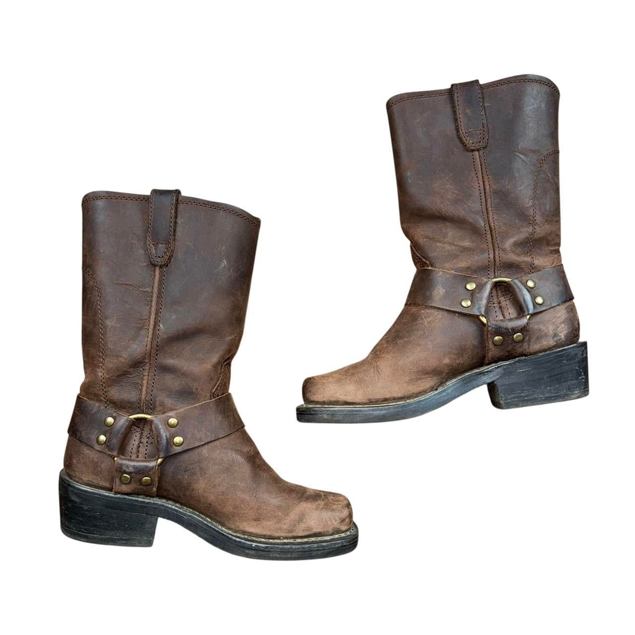 90s Brown Leather Buckle Harness Boots (6.5)