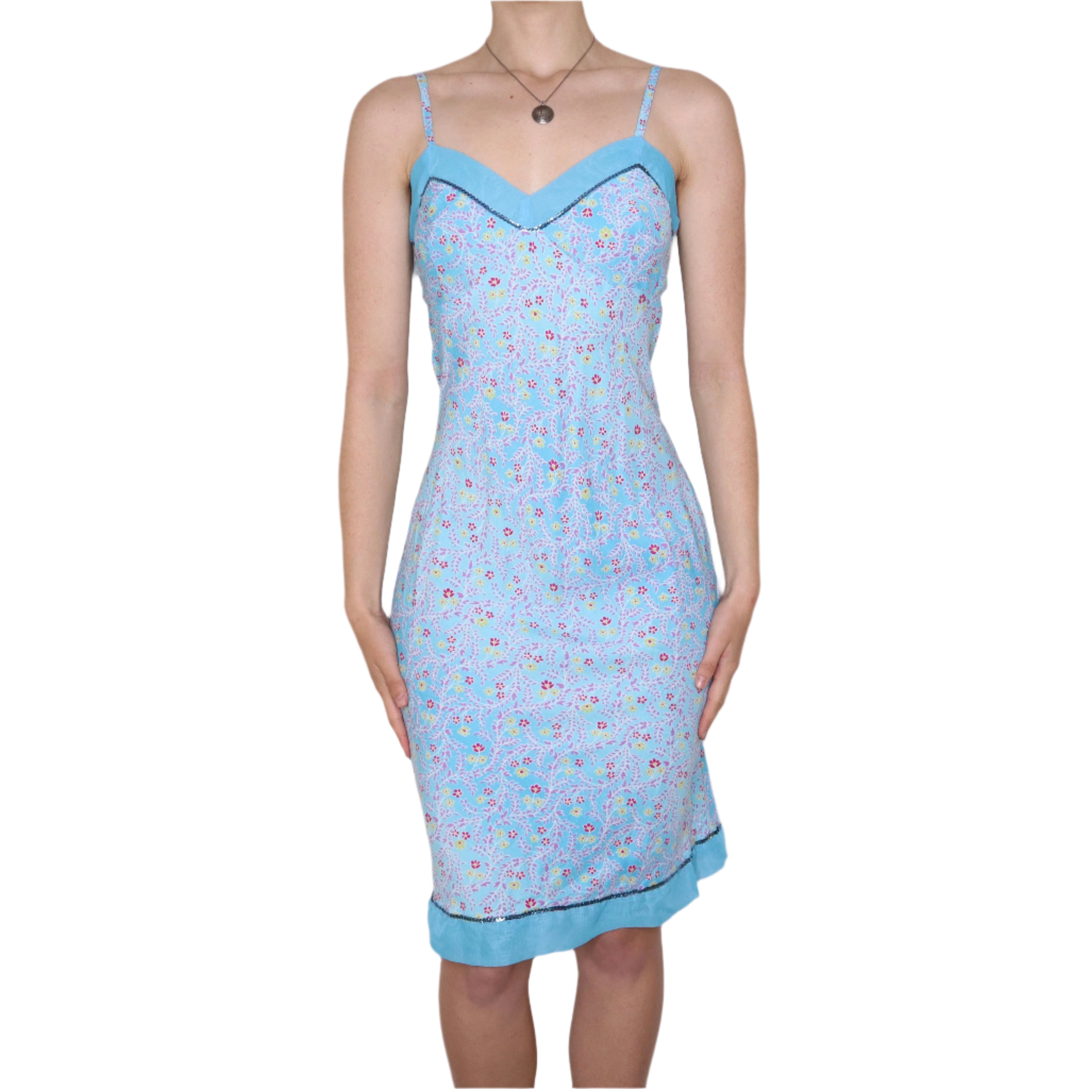 Y2K French Blue Floral Midi Dress (S)