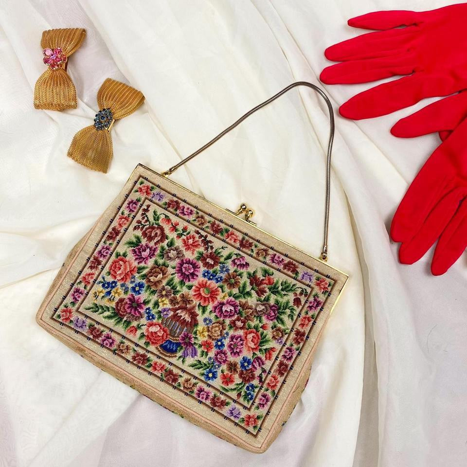 Vintage Floral Needlepoint Evening Bag