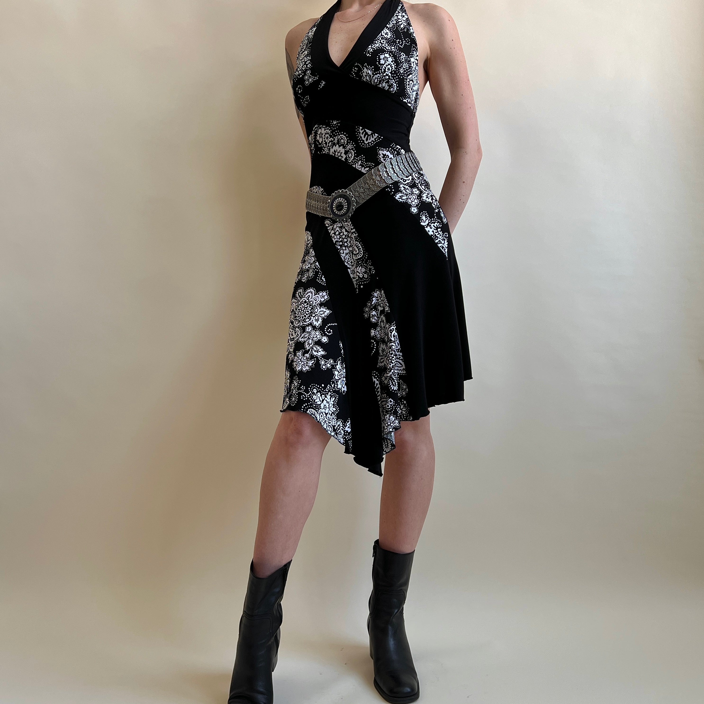 00s b&w print midi halter dress (M)