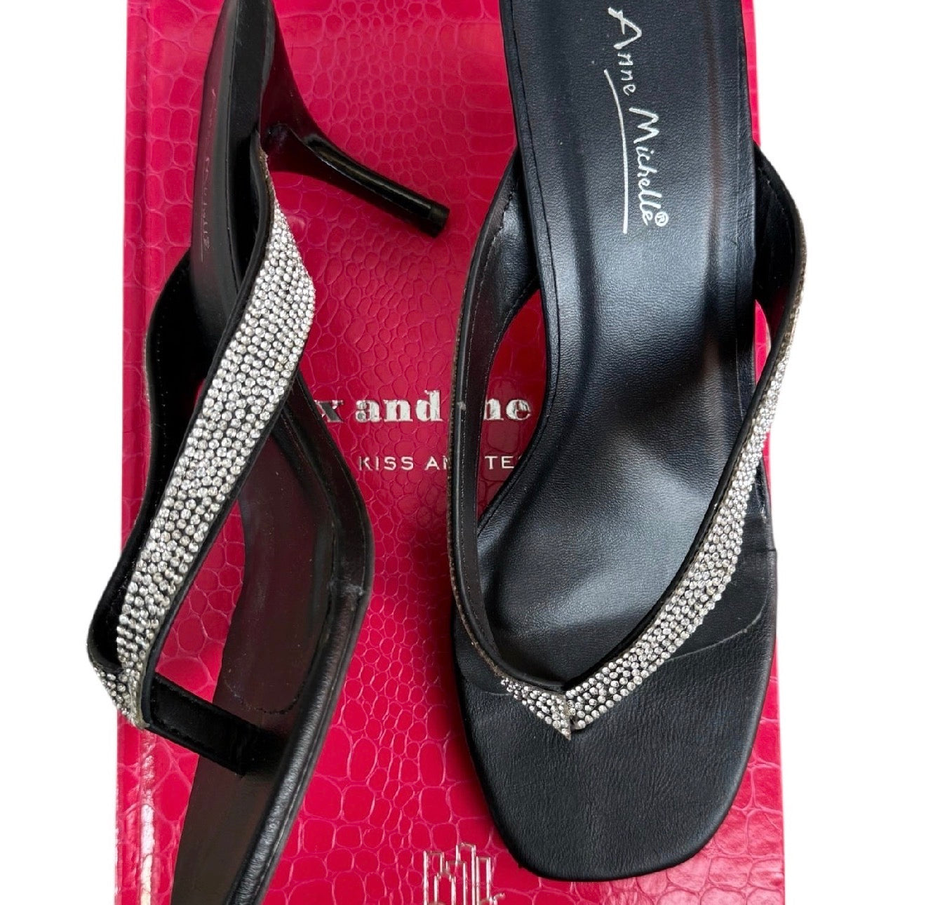 Anne Michelle Thong Kitten Heels With Rhinestones (8.5)