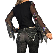 90s Beaded Silk Bell Sleeve Blouse (L)