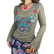 Butterfly & Floral Embroidered Bell Sleeve Top (M)