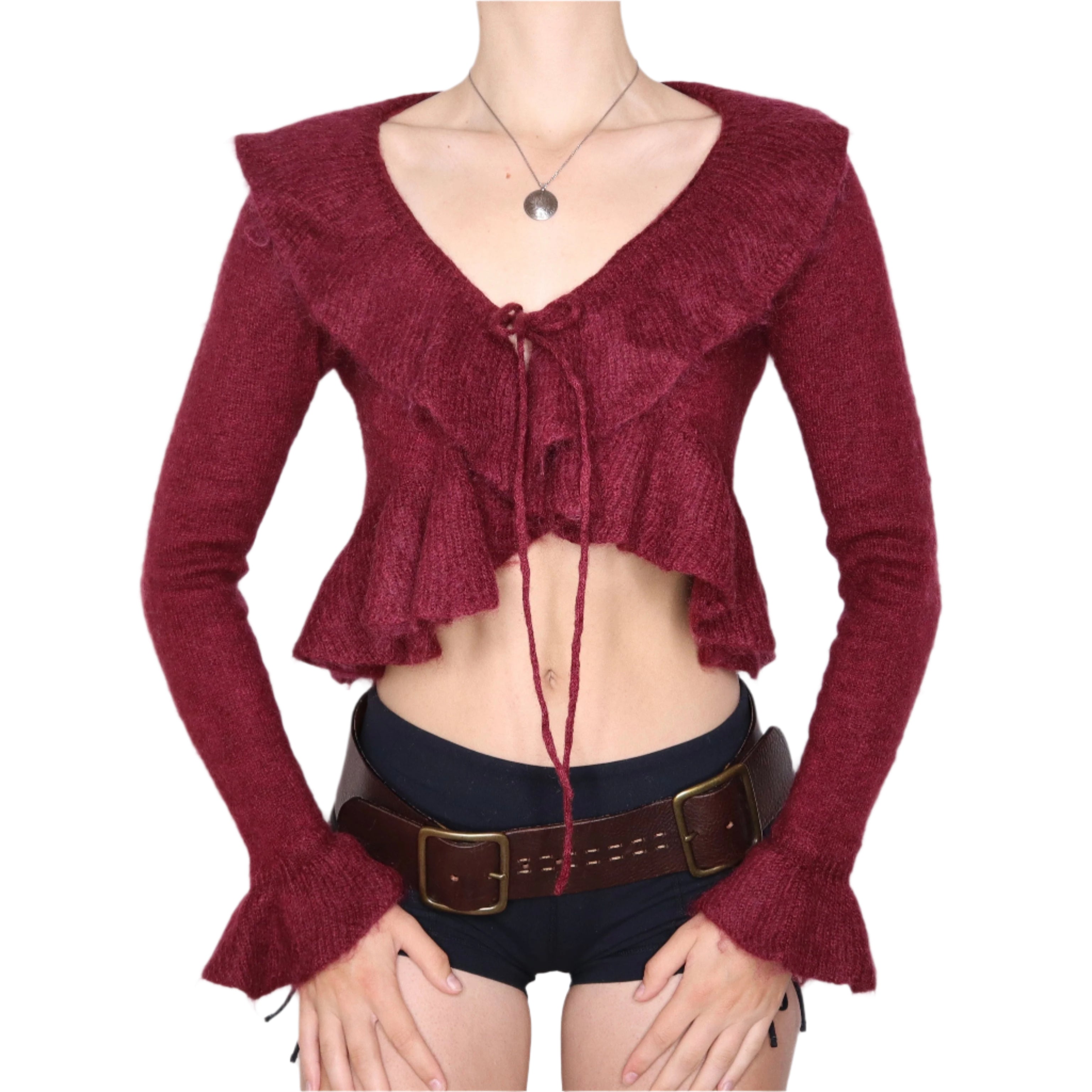 Y2K Maroon Mohair Ruffle Cardigan (M)