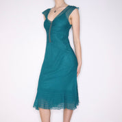 Y2K Teal Beaded Silk Midi Dress (M)