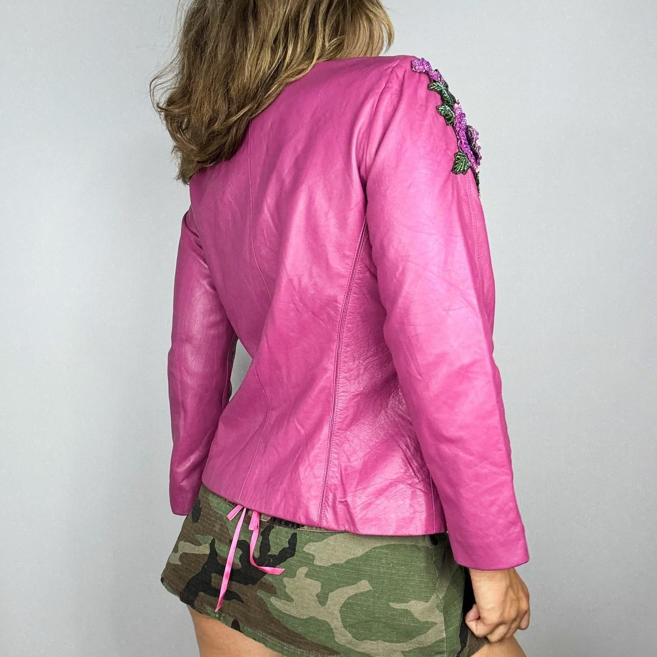 Embellished Flower Detail Magenta Leather Jacket (S/M)