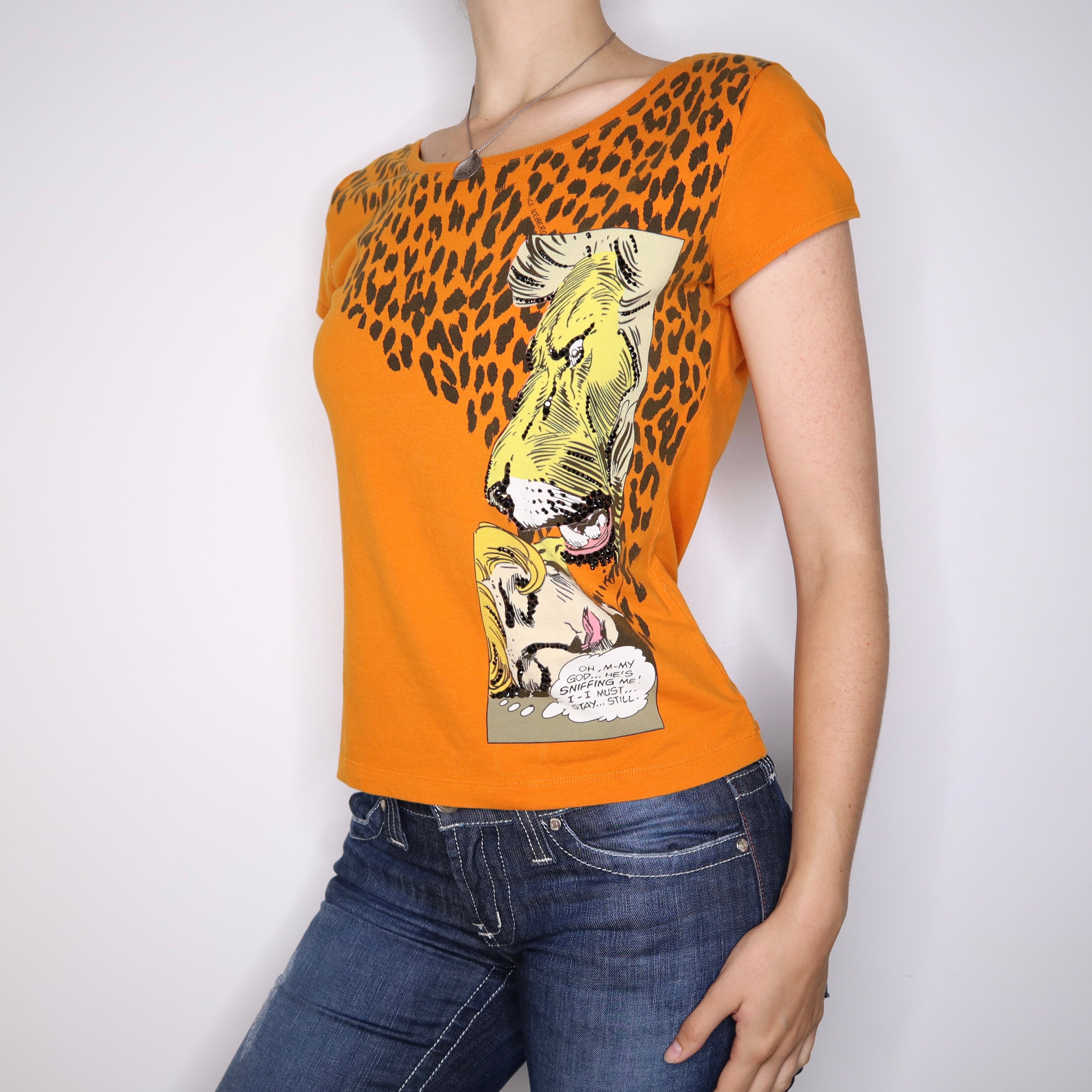 Y2K ICEBERG Orange Comic Graphic Baby Tee (L)