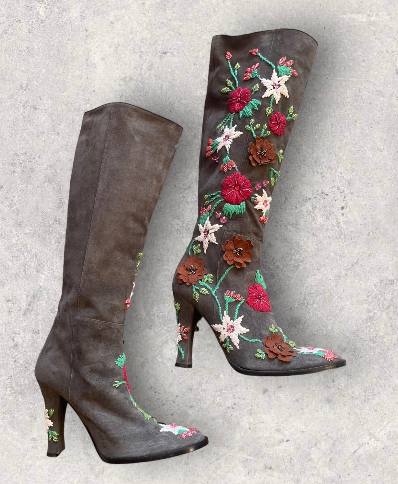 90s Dolce & Gabbana Grey Suede Knee-High Boots with Floral Embroidery and Beading (8.5)